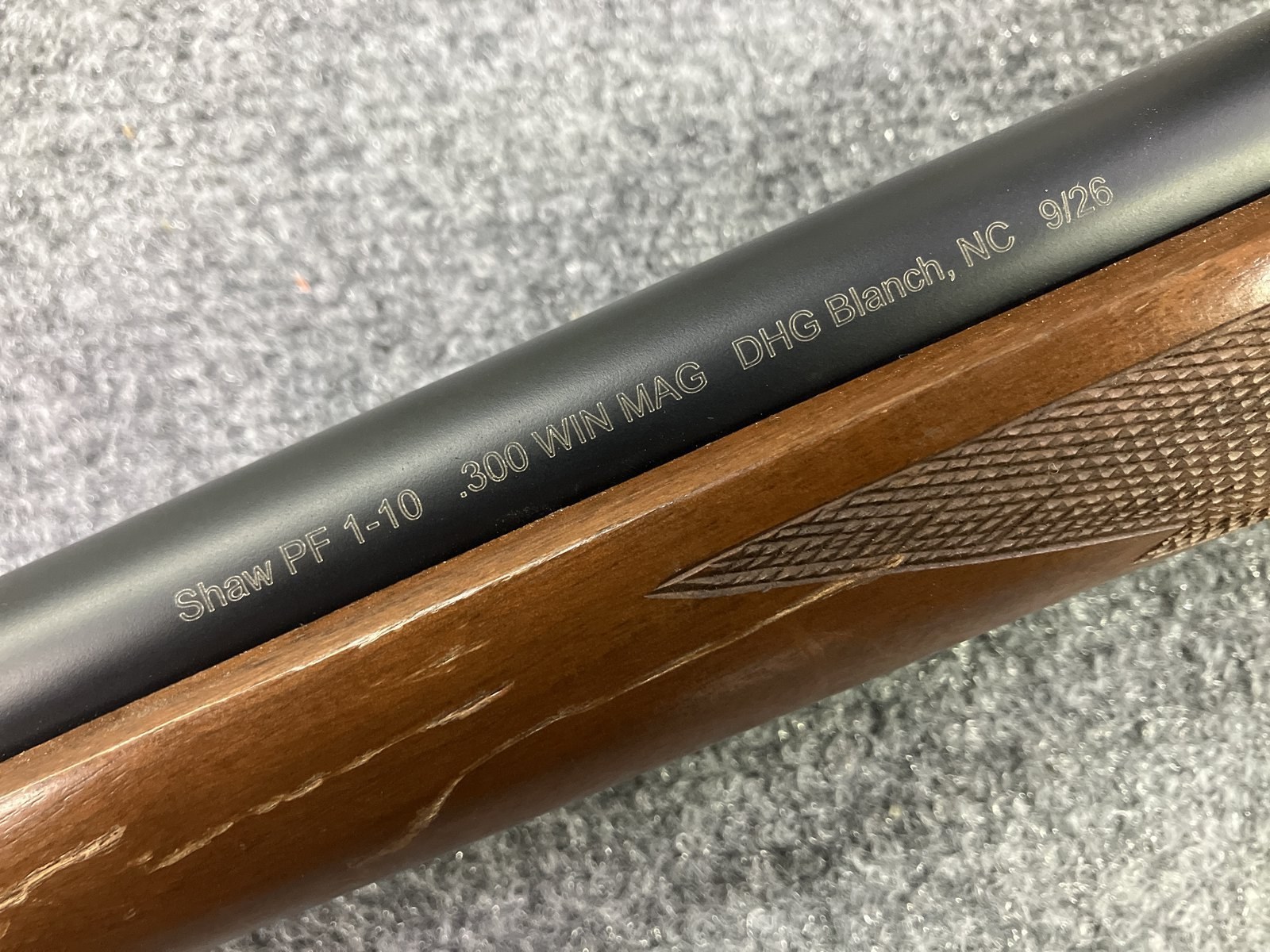 Laser engraved Cerakoted stainless barrel: Shaw PF 1-10 .300 Win Mag, DHG Blanch NC