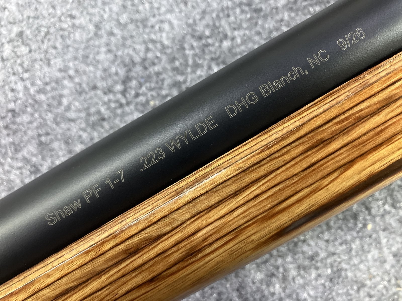 Laser engraved Cerakoted stainless barrel: Shaw PF 1-7 .223 Wylde, DHG Blanch NC