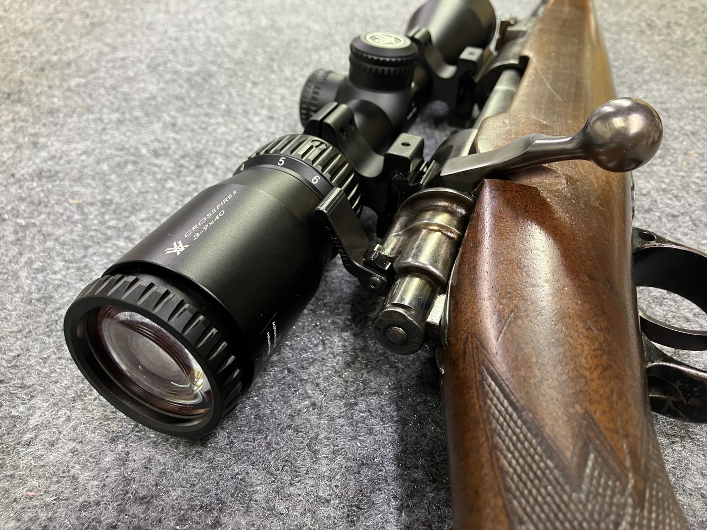 Rear view of Timney low-profile safety and bolt handle clearance under Vortex Crossfire II eyepiece